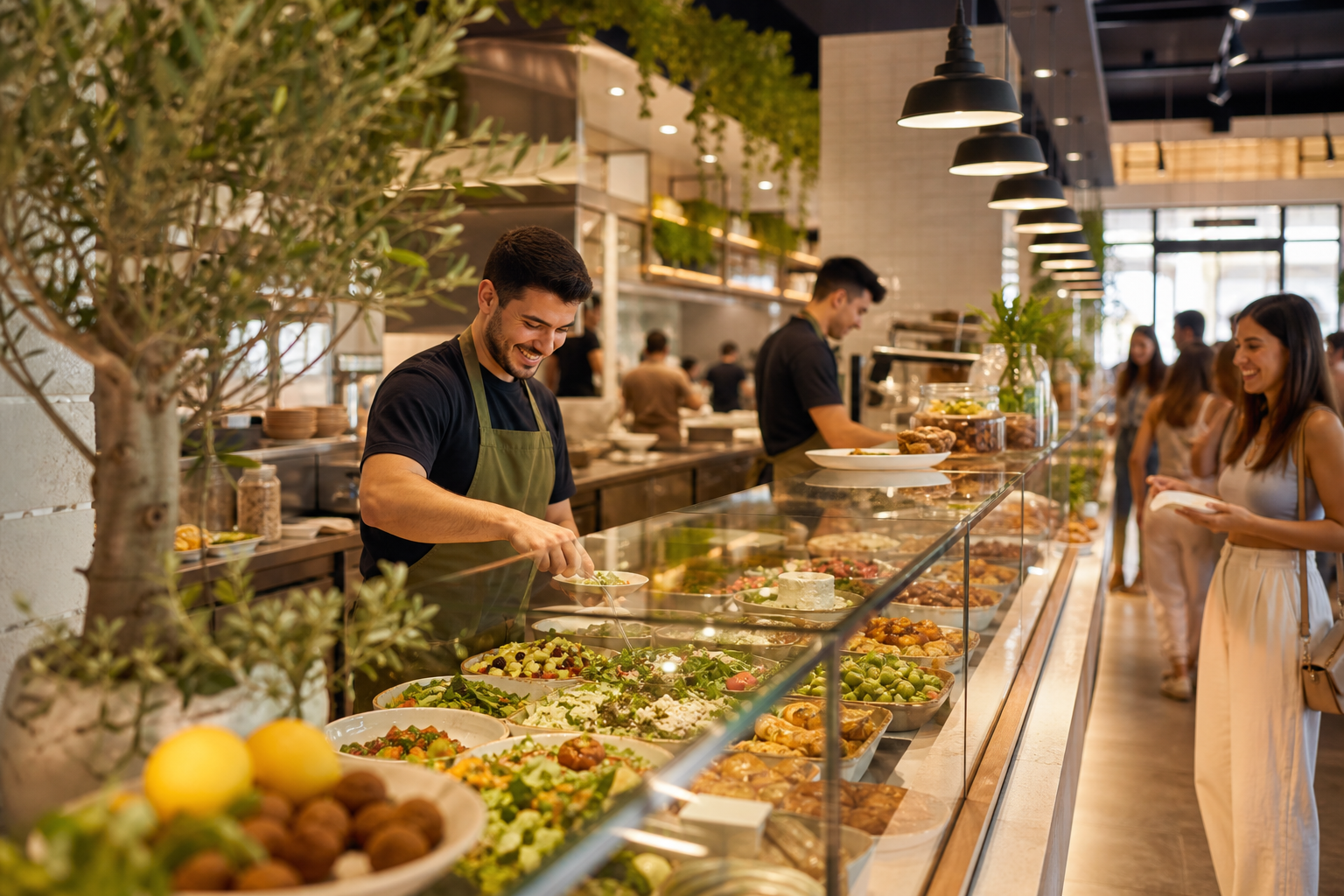 Guests at a Feta & Olives counter